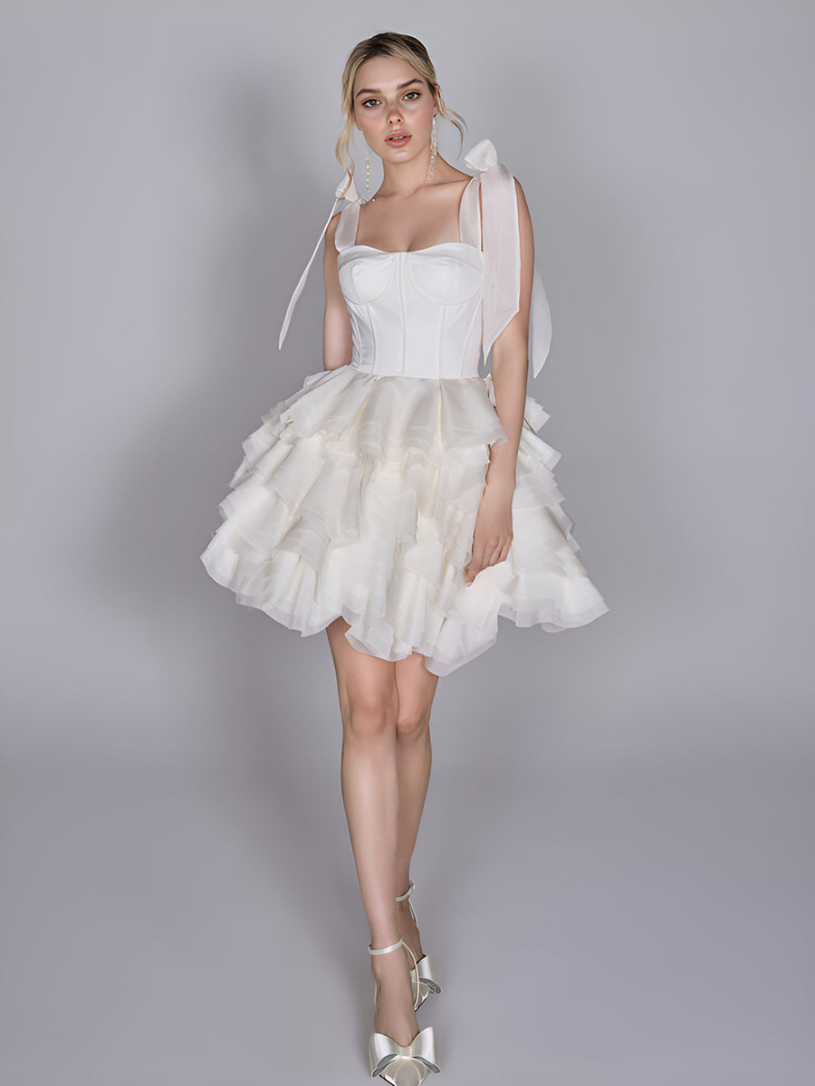 Elegant White Corset Organza Mini Dress with Ruffle Skirt and Bow Straps