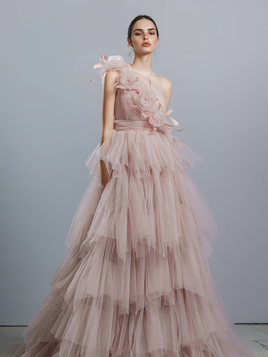 Elegant Prom Dresses for Party One-shoulder with Handmade Flowers Layer Tulle Dress for Event YW250068