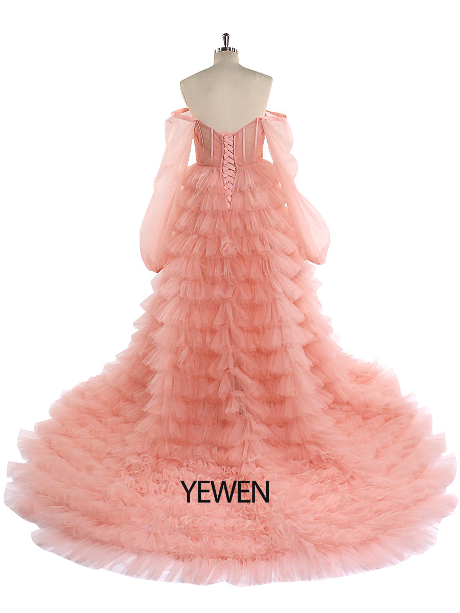 Off Shoulder Tulle Tiered Pink Prom Dress Wedding Dress Photo Shoot Gowns YW220828