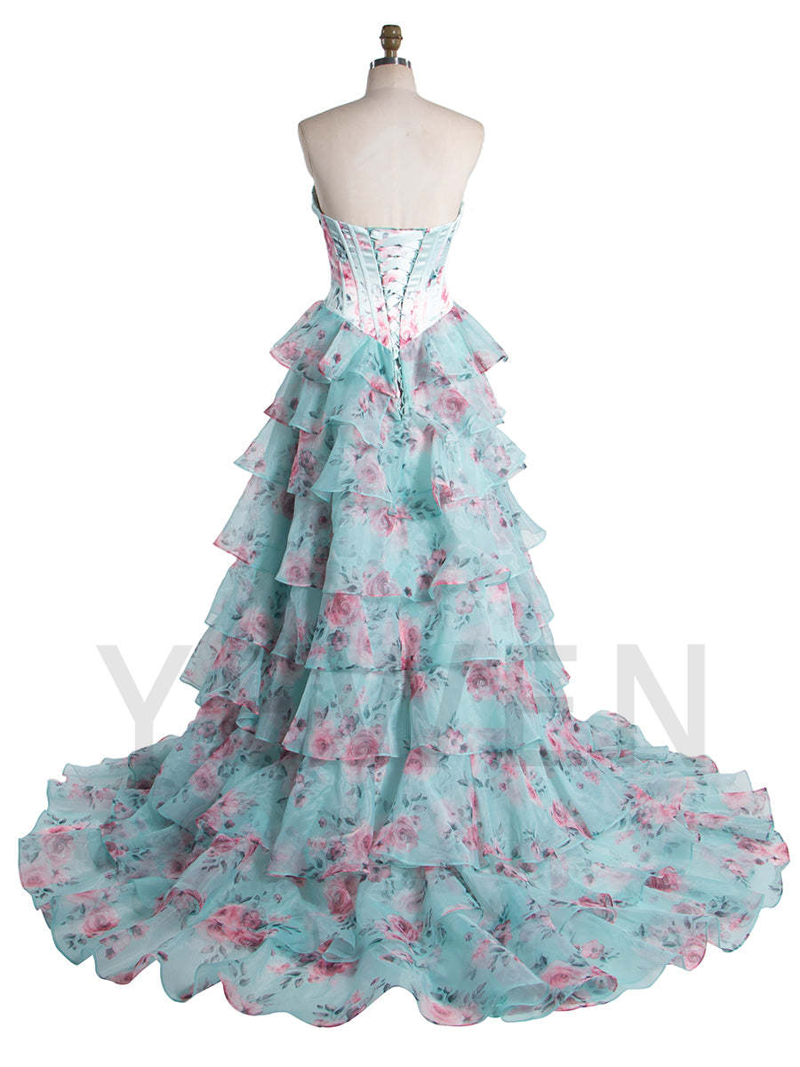 Gorgeous A Line Off The Shoulder Printed Long Prom Dress With Ruffles United Kingdom YW240048