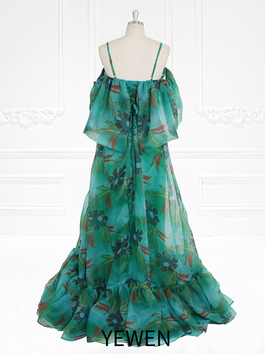 Green Floral-print Off-shoulder Maxi Dress Spaghetti Straps Prom Party Dresses YW231124