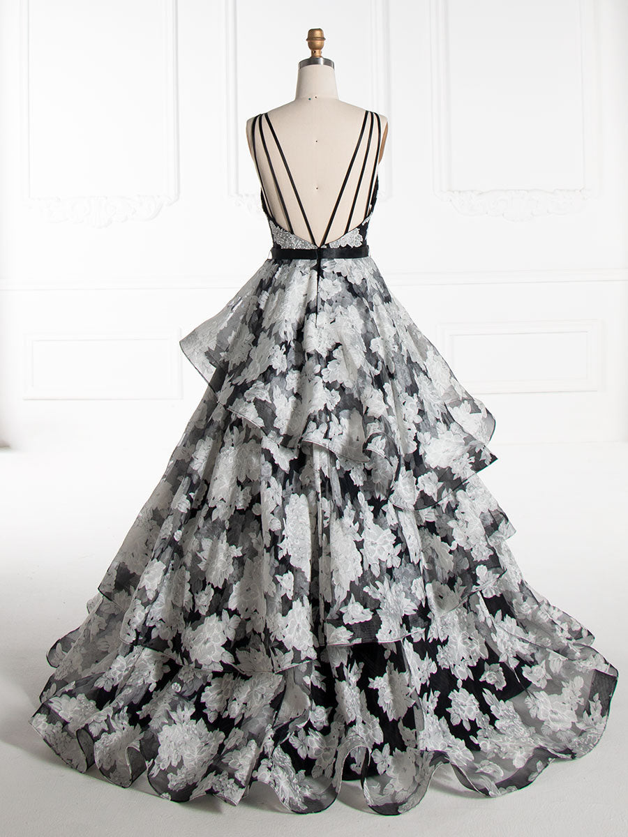 Princess V-Neck Floor-Length Black Printed Layered Prom Dresses YE3001