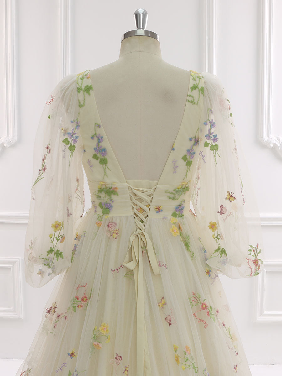 60cm Train Long Puffy Sleeve Embroidered Floral Wedding Dress Photoshoot Dress YEWEN YW231050-1