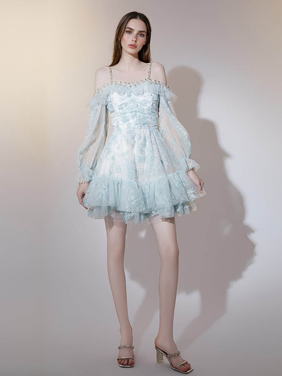 Spaghetti Strap Square Neck Ruffles Patchwork Mini Dress Sleeveless Ball Gowns Evening Fairy Party Cocktail Dresses