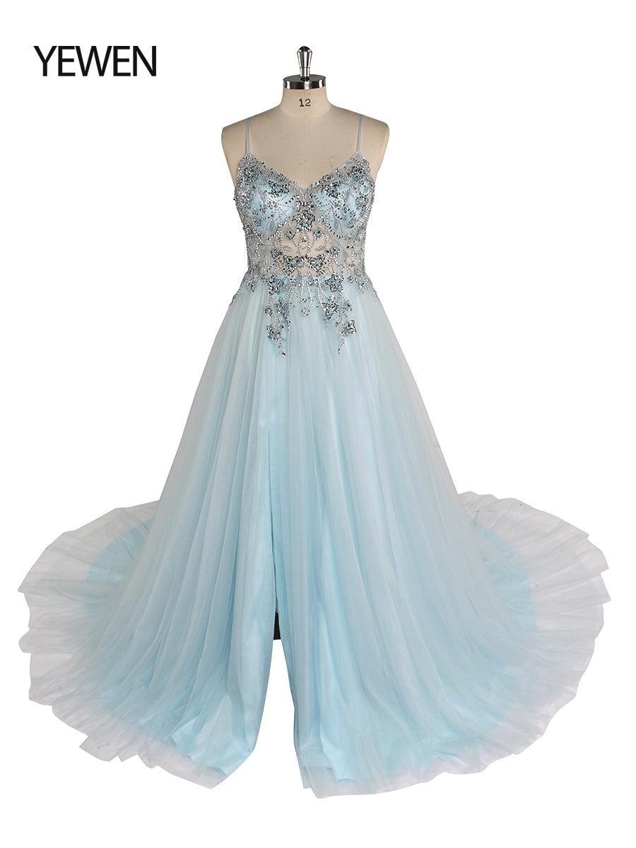 Sexy Party Dress Beaded Spaghetti Strap Backless Tulle Maxi Dress 60cm Train