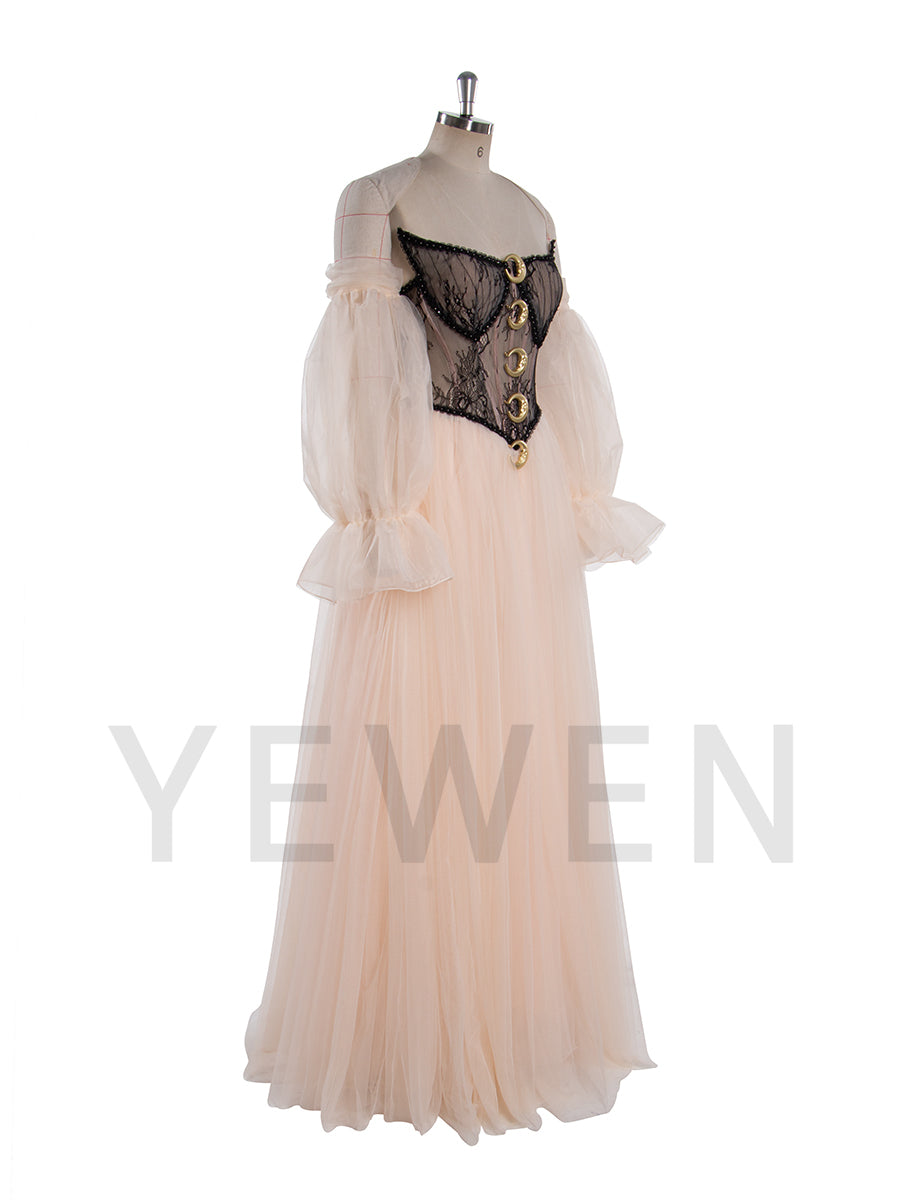 A Line Ball Gown Corset Waist Mesh Lace Floor Length Dress Photoshoot Dress YW250062