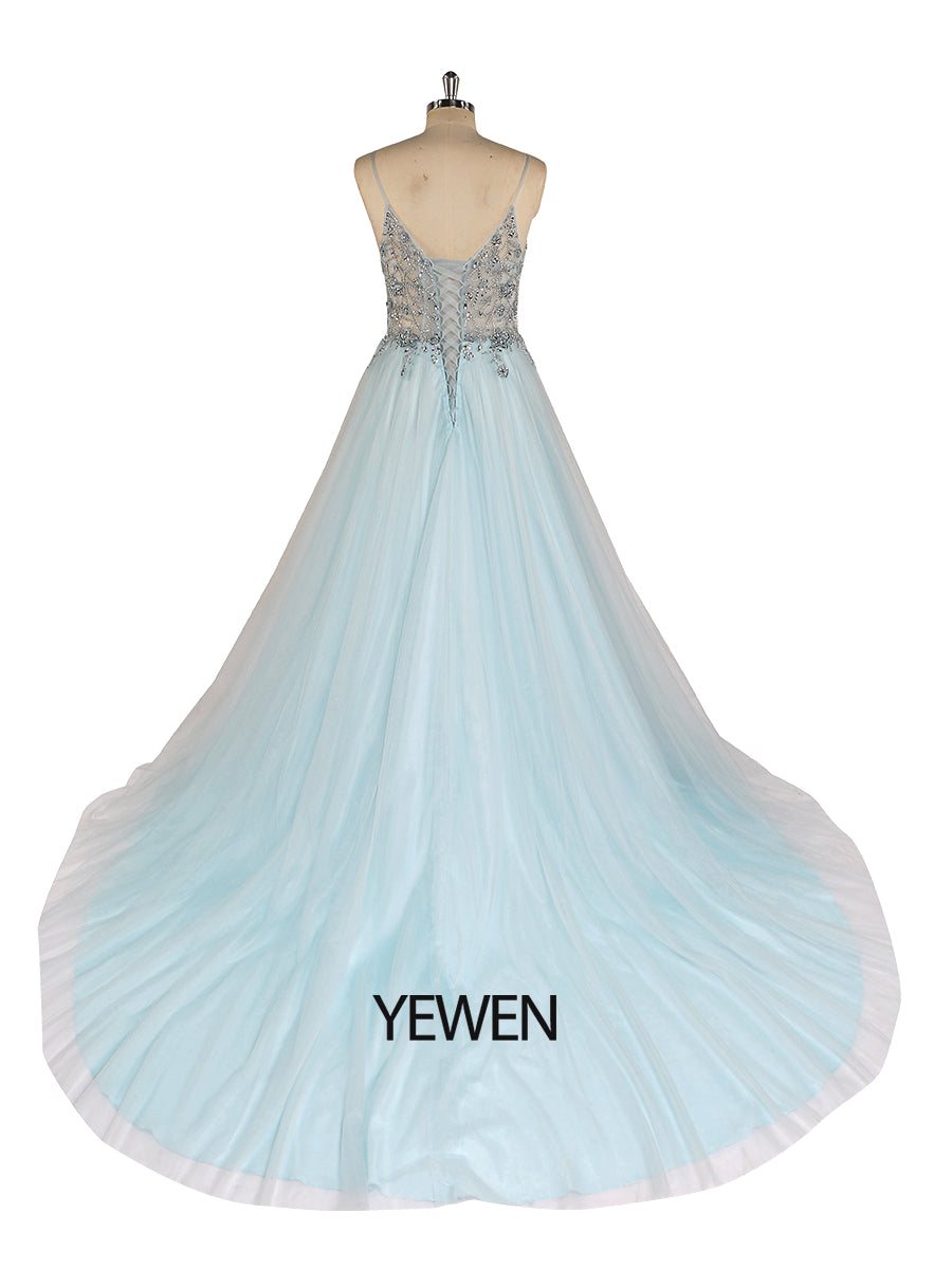 Sexy Party Dress Beaded Spaghetti Strap Backless Tulle Maxi Dress 60cm Train