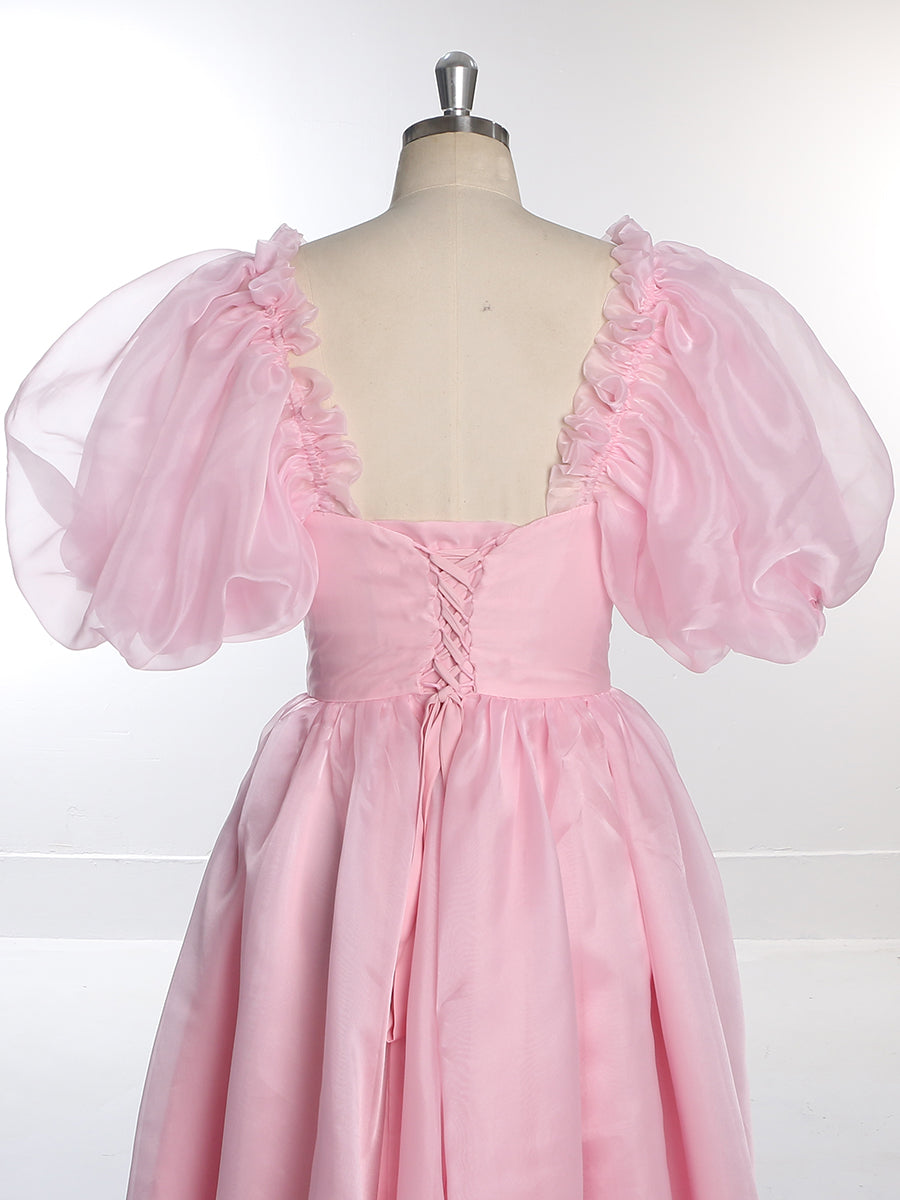 Silk Soft Organza Puff Sleeve Pink Prom Dress Fancy Photo Shoots Dress Lace-Up Back YW231019