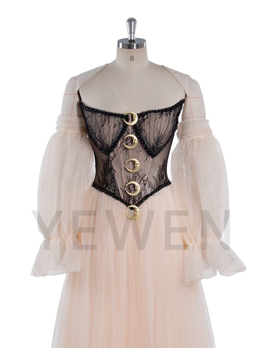 A Line Ball Gown Corset Waist Mesh Lace Floor Length Dress Photoshoot Dress YW250062