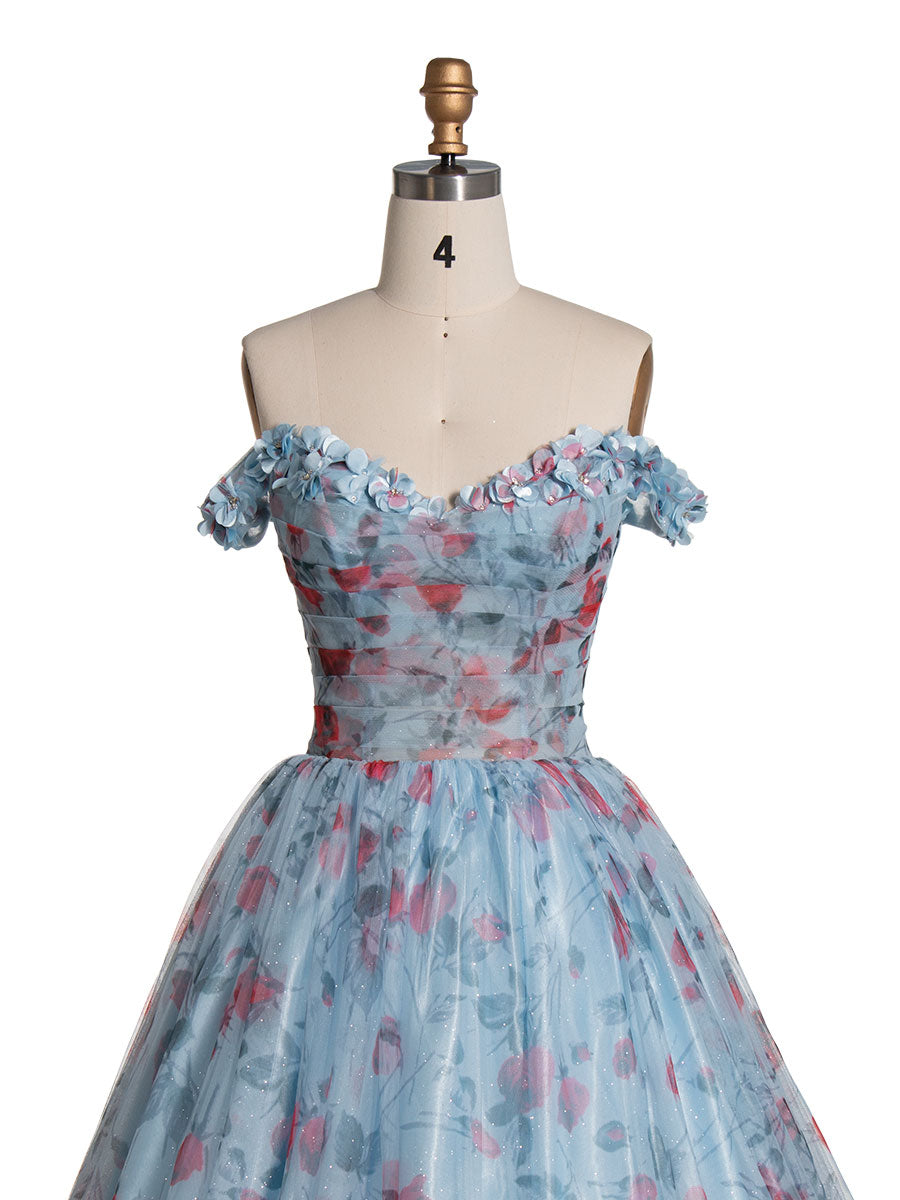 Elegant Off Shoulder Floral Printed Sweep Train Prom Dress YE3023