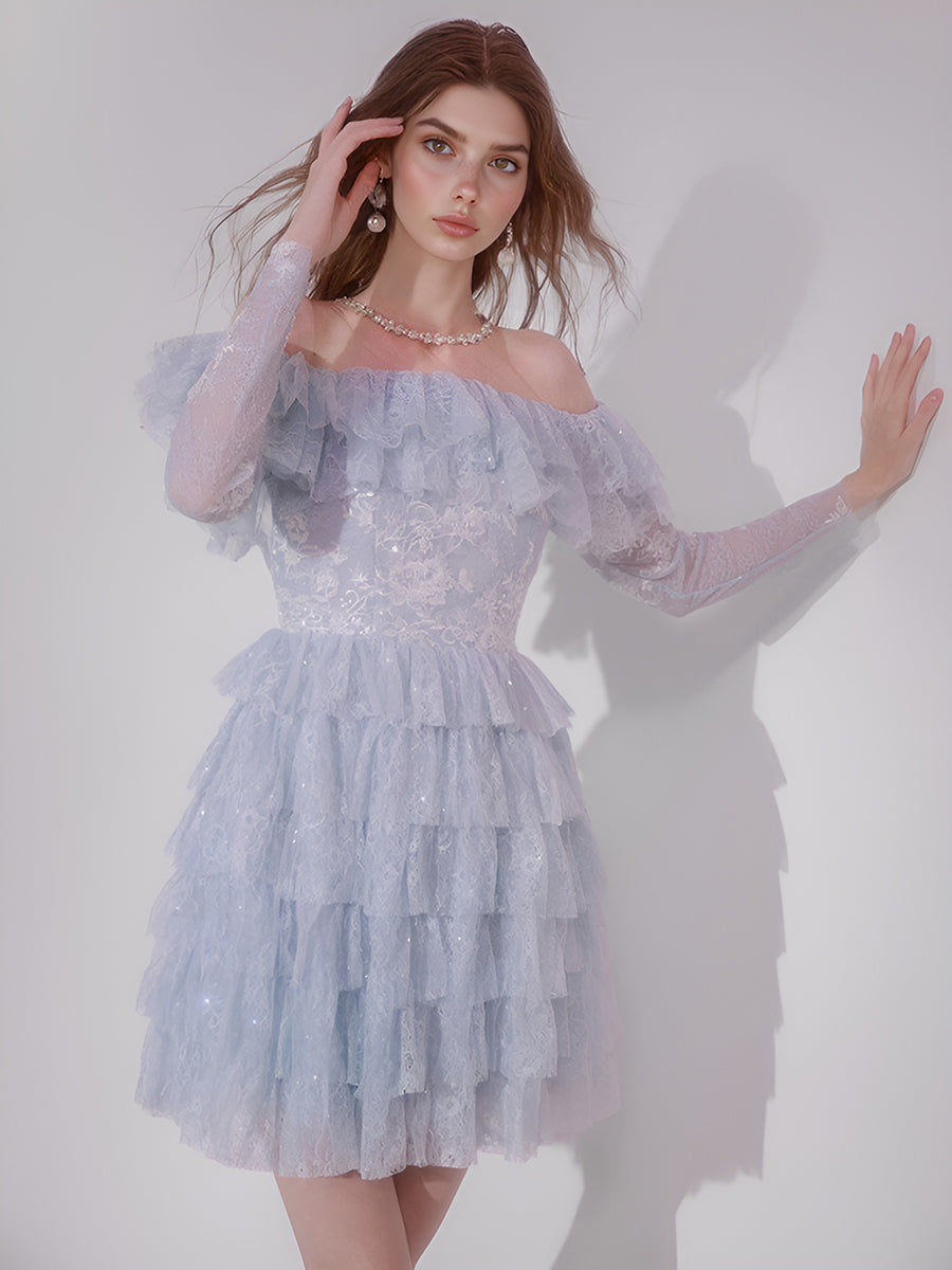 A-line Fairy Tulle Lace Ball Gown Off Shoulder Folds Evening Party Dresses Layered Folds Cocktail Dresses