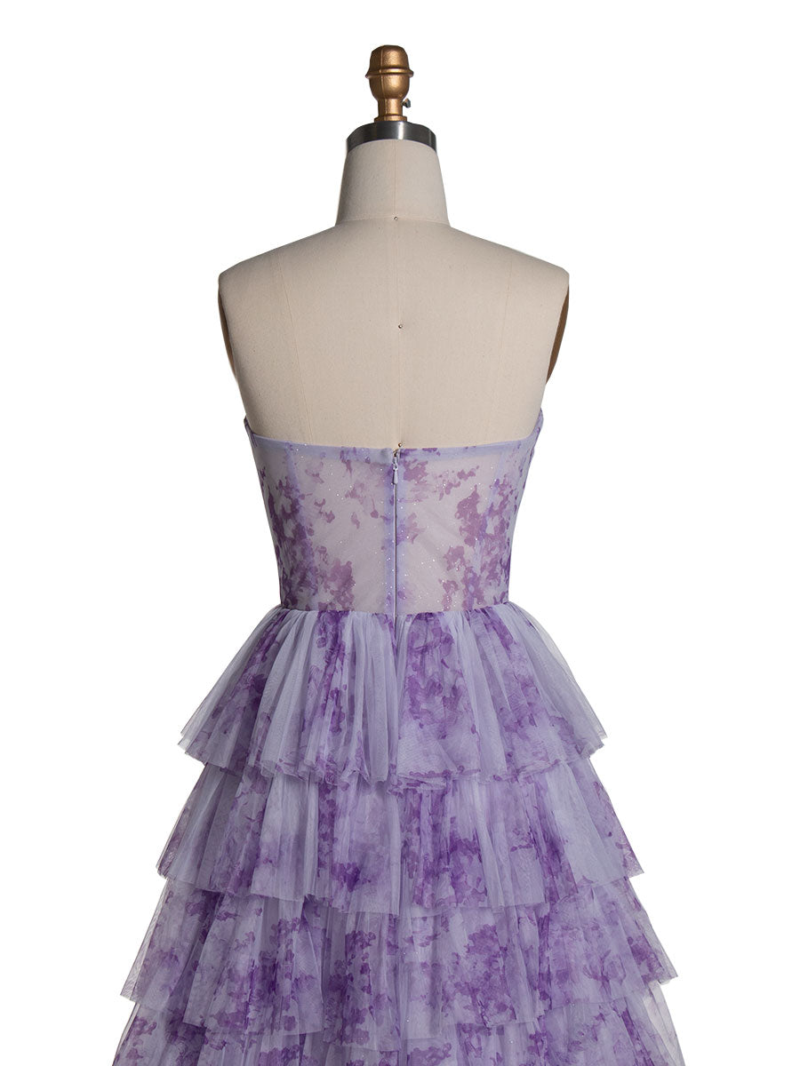 Elegant Lavender Tiered Gown Layered Printed Tulle Prom Party Dress YE3024