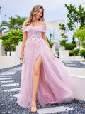 A-line Off The Shoulder Dusty Pink Tulle Prom Dresses with Lace YE2529