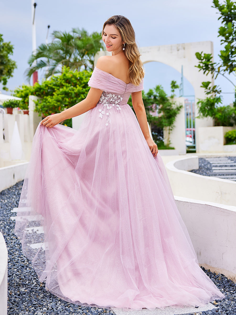 A-line Off The Shoulder Dusty Pink Tulle Prom Dresses with Lace YE2529