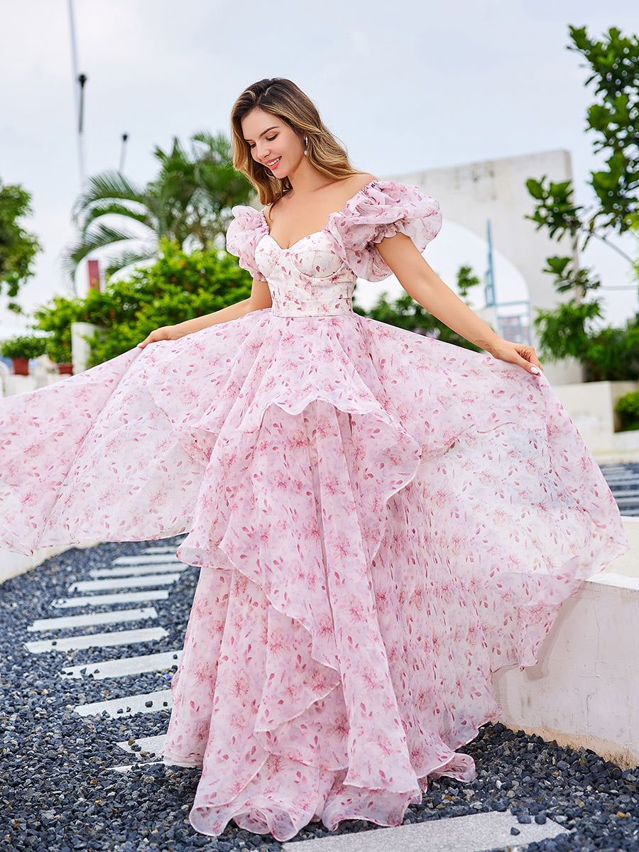 A Line Floor Length Pink Printing Floral Prom Dress YW240008