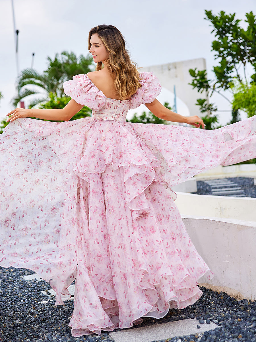A Line Floor Length Pink Printing Floral Prom Dress YW240008