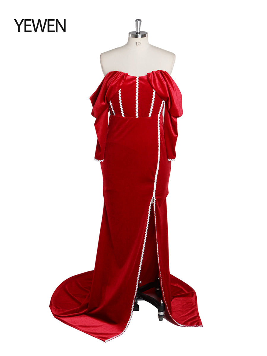 Long Sleeve Off Shoulder Red Velvet Mermaid Prom Dress Side Slit Photo Shoot Dress YW230747