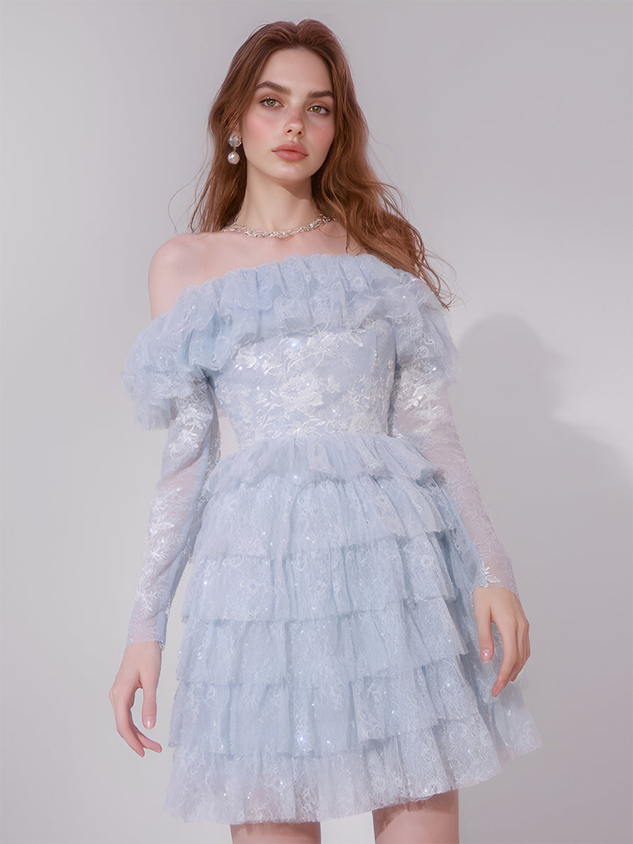 A-line Fairy Tulle Lace Ball Gown Off Shoulder Folds Evening Party Dresses Layered Folds Cocktail Dresses