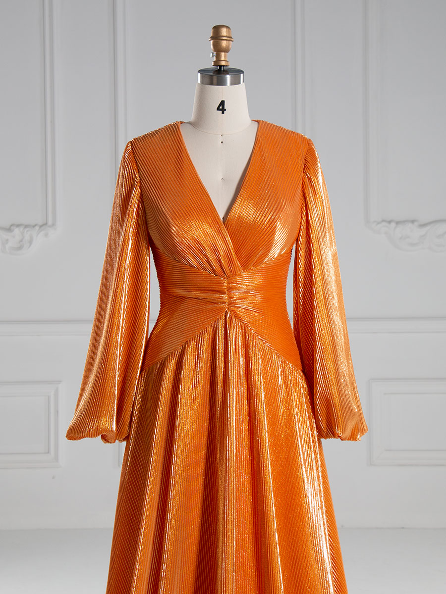 A-line V Neck Floor Length Prom Dresses with Long Sleeves YE3013