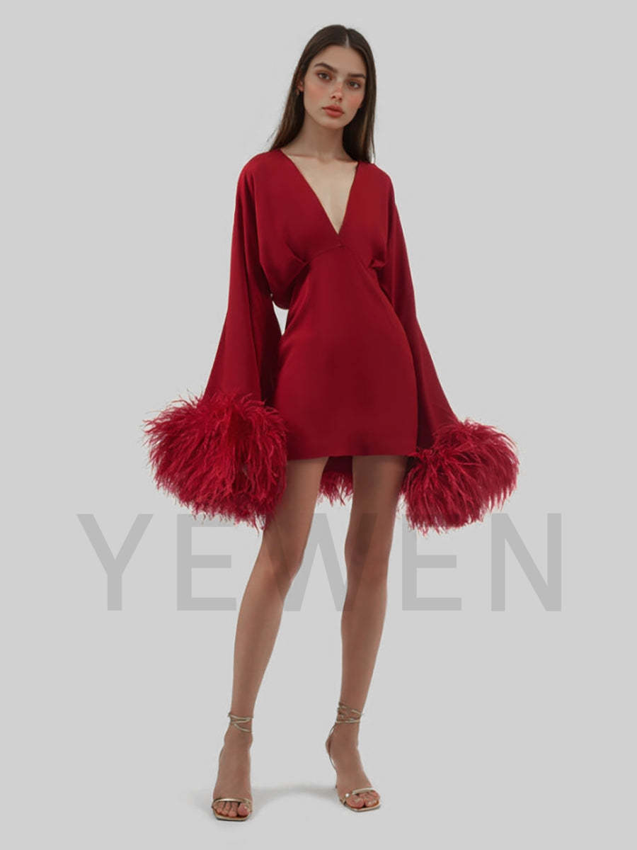 Women Sexy Double Deep V-Neck Long Sleeves With Feathers Mini Dress Gatsby Cocktail Club Party Dresses