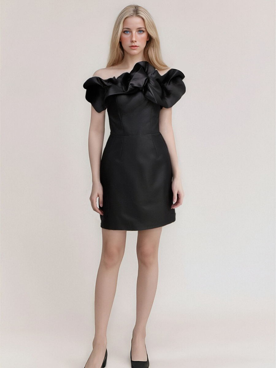 A Line Women Strapless Satin Patch Ruffles Mini Dress Sexy Off Shoulder Backless Sleeveless Female Partywear