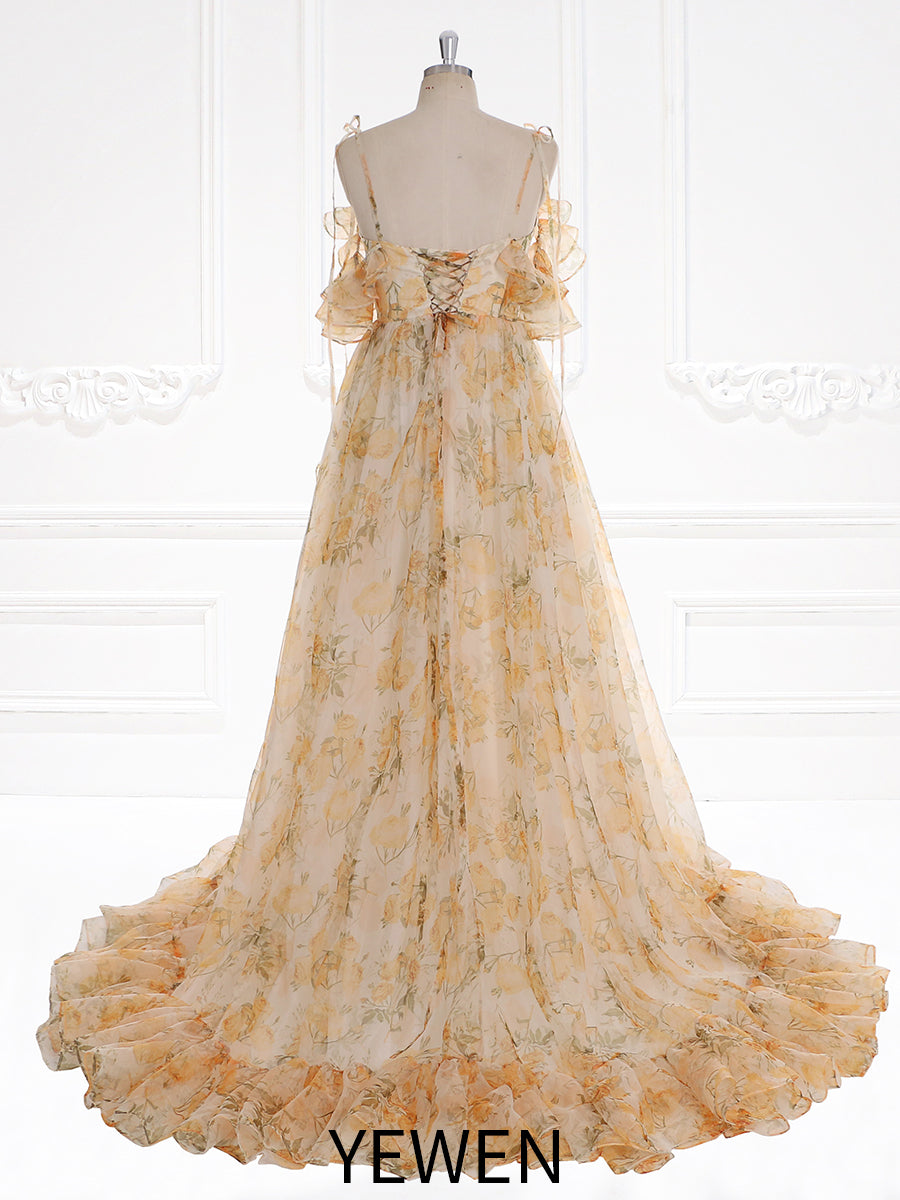 New Printing Floral Woman Dress Side Slit Ruffles Maxi Photo Shoots Dress Custom Colors YW230506