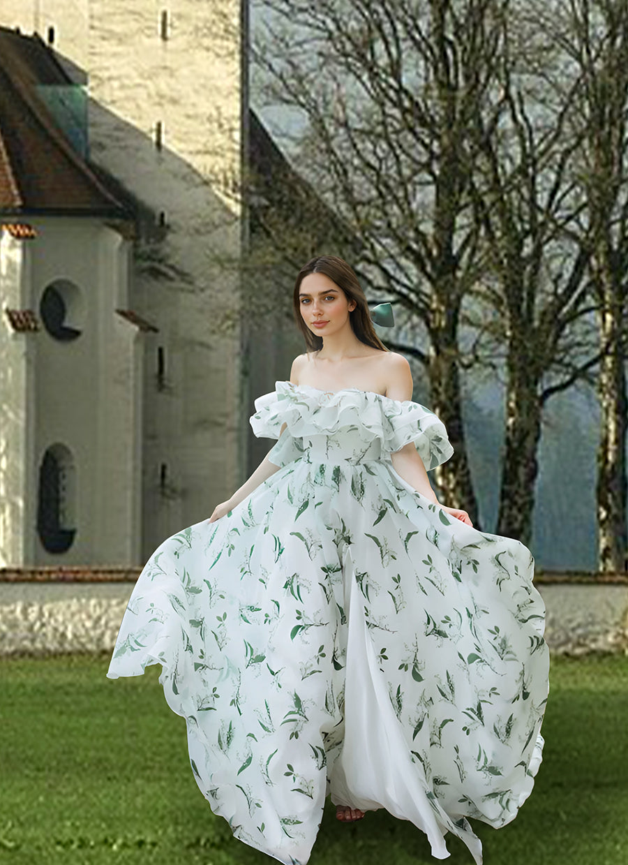 Off Shoulder Floral Wedding Dress with Slit Long Train Fancy Photo Shoots Gown