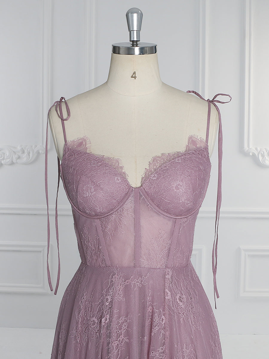 Dusty Pink Lace Prom Dress Homecoming Dress for Girls Tea Length Formal Dresses YW231089