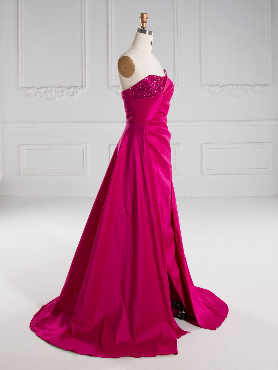 Rose Pink Mermaid Strapless Sweep Train Satin Prom Dresses YE3006