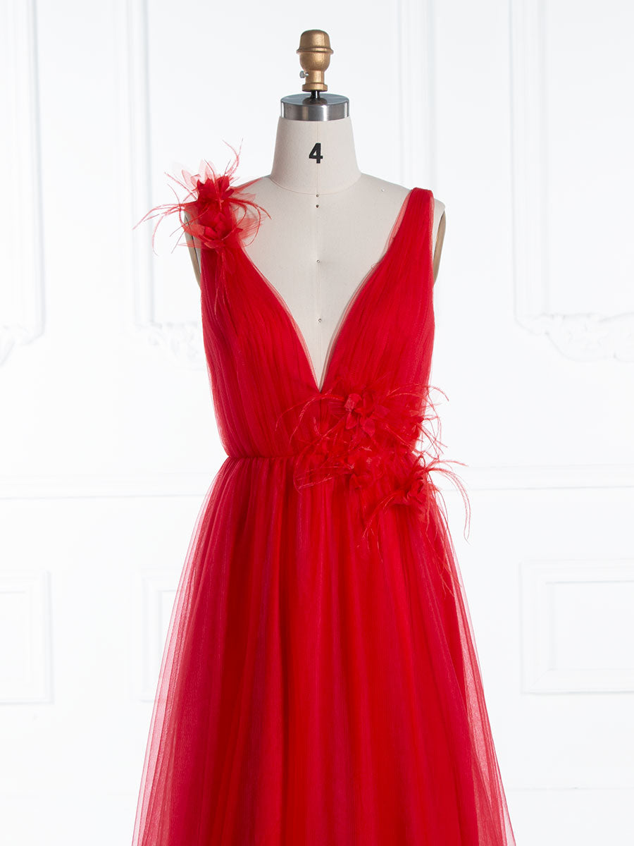 Feather-Flower Long Red Tulle Prom Dress YE3016