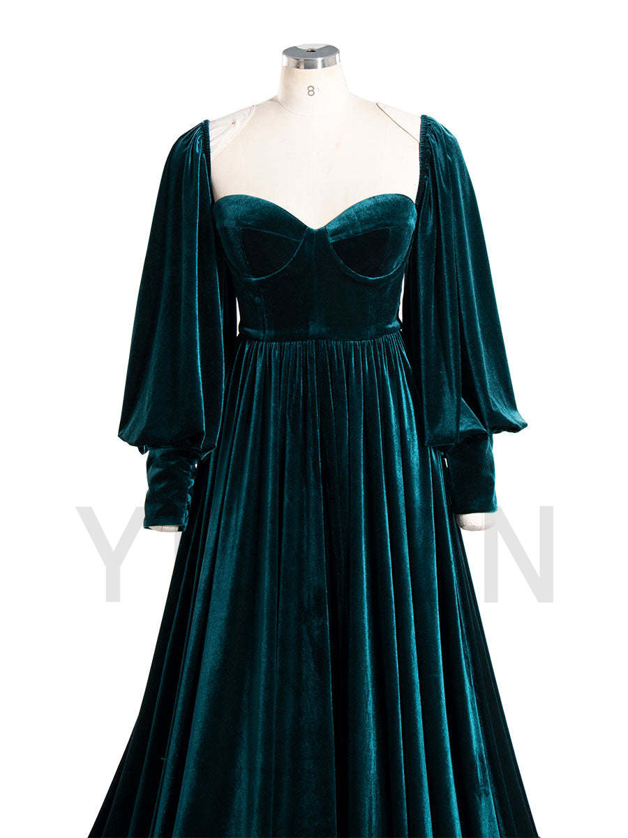 Fall Long Sleeves Velvet Evening Dress for Photo Shoot Outfit Gown YW240088