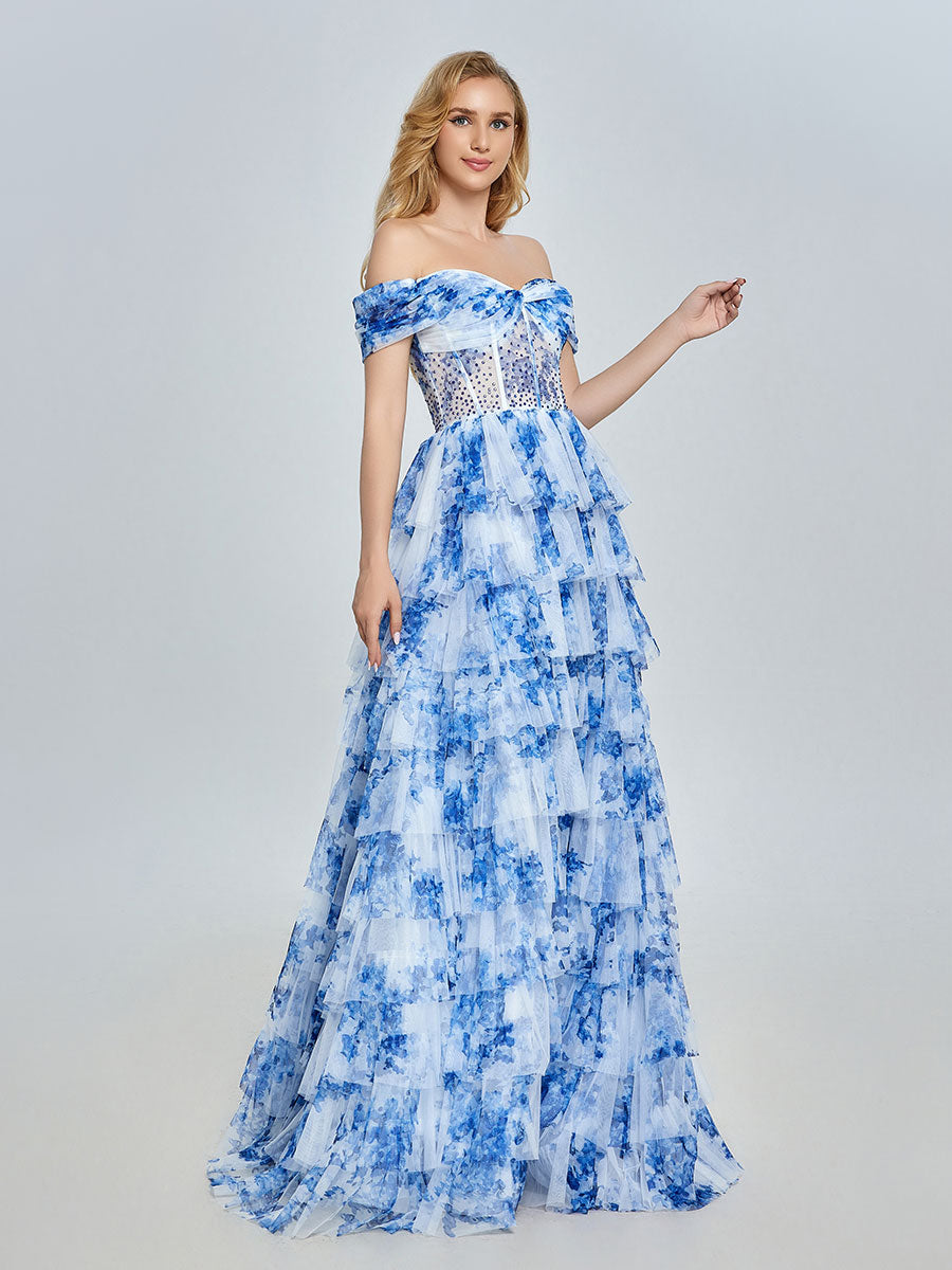Blue Off-Shoulder Floral Tulle Gown Layered Prom Dress YE3025