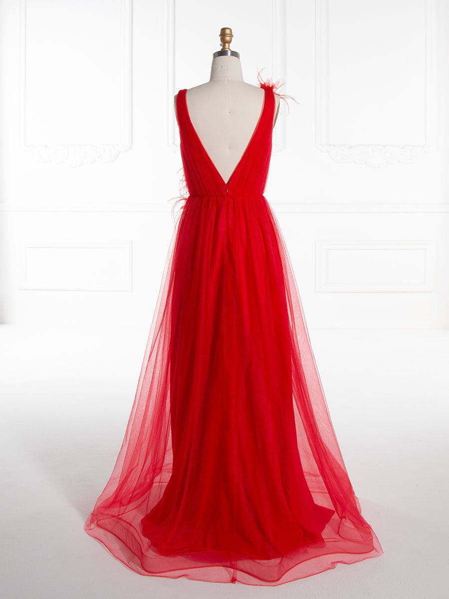 Feather-Flower Long Red Tulle Prom Dress YE3016