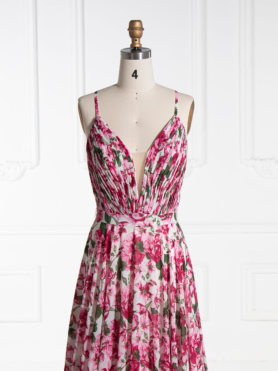 A Line V Neck Printed Prom Dresses Floor Length YE3003