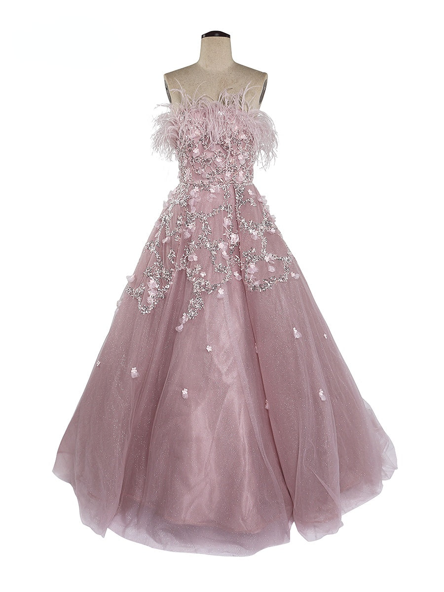 A-Line Strapless Luxury Prom Dresses 2024 Beaded Feather Zipper Back YEWEN