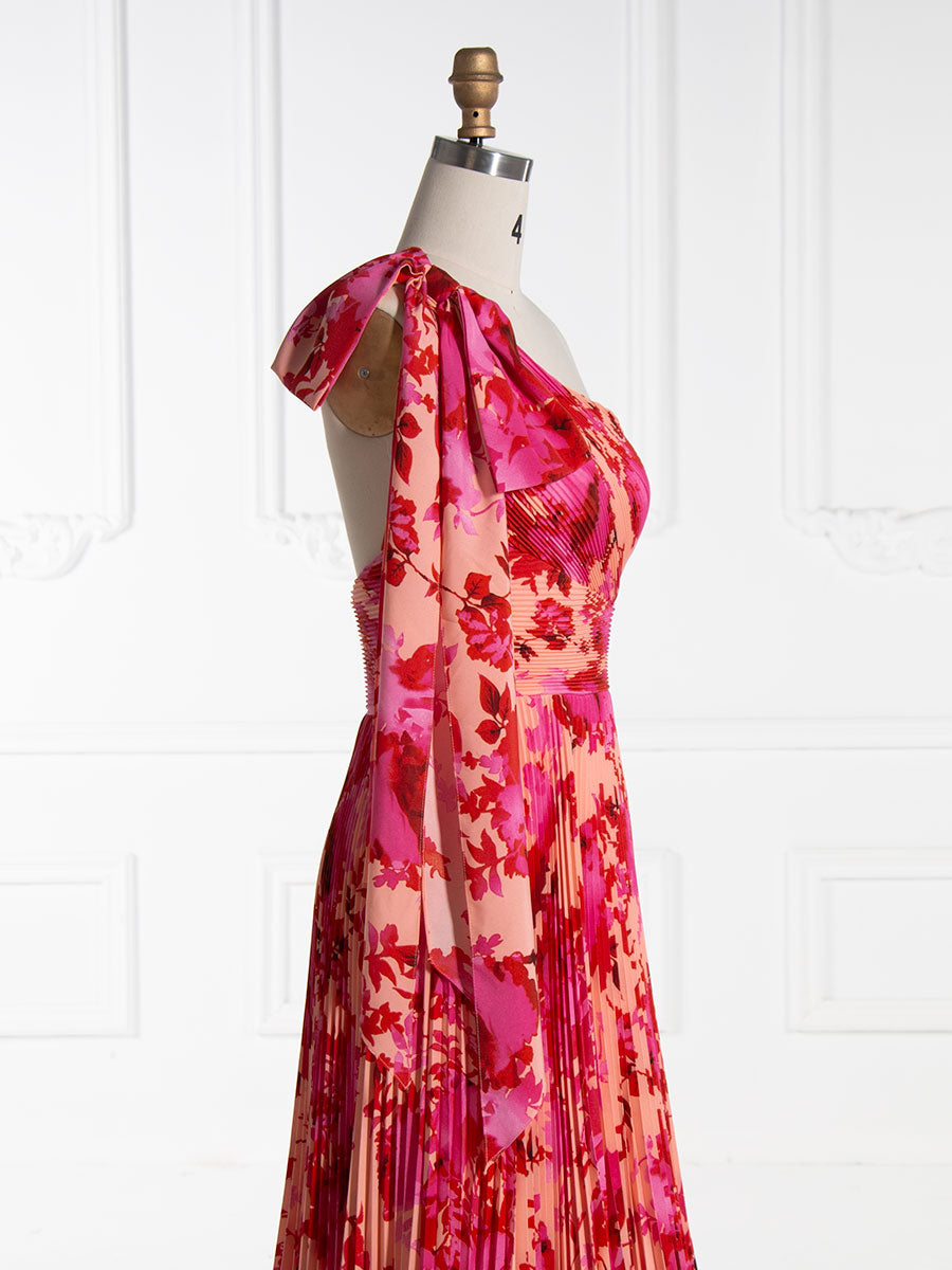 A-line Asymmetrica Red Printed Pleated Prom Party Dresses Floor Length YE3004