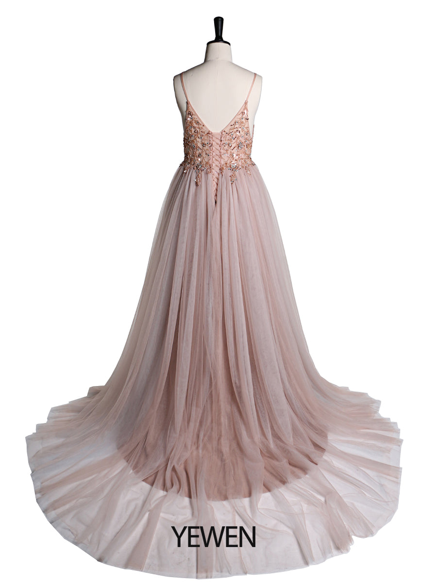 Sexy Party Dress Beaded Spaghetti Strap Backless Tulle Maxi Dress 60cm Train