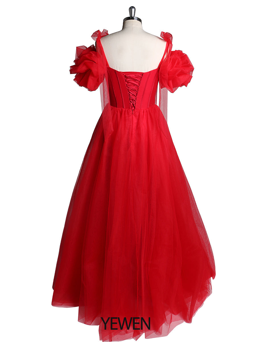 Ruffle Cap Sleeve Sweatheart Neckline Side Slit Prom Dresses Christmas Party Dress