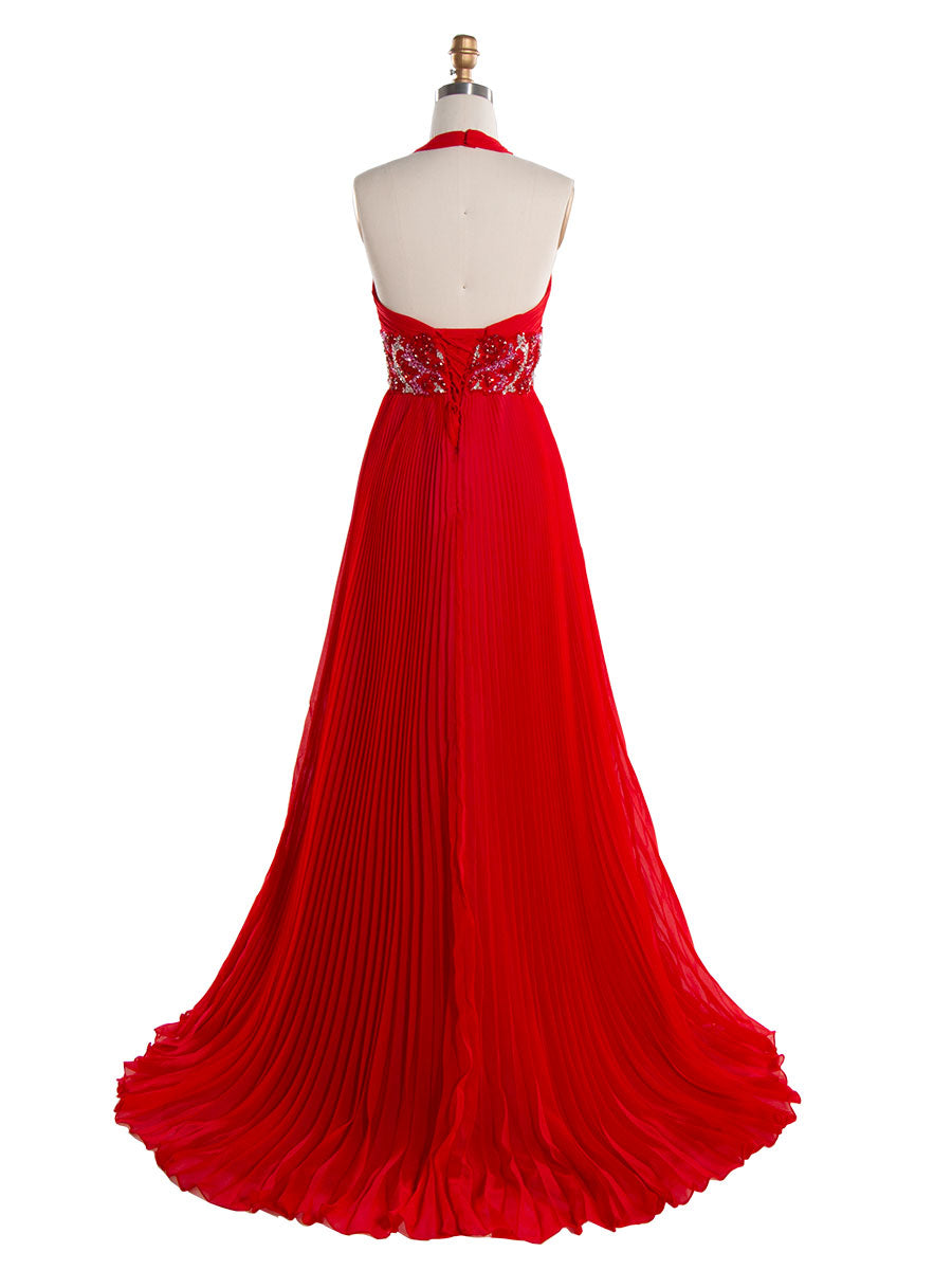 A line Backless Halter-Neck Red Pleated Long Prom Dress YE3020