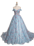 Elegant Off Shoulder Floral Printed Sweep Train Prom Dress YE3023
