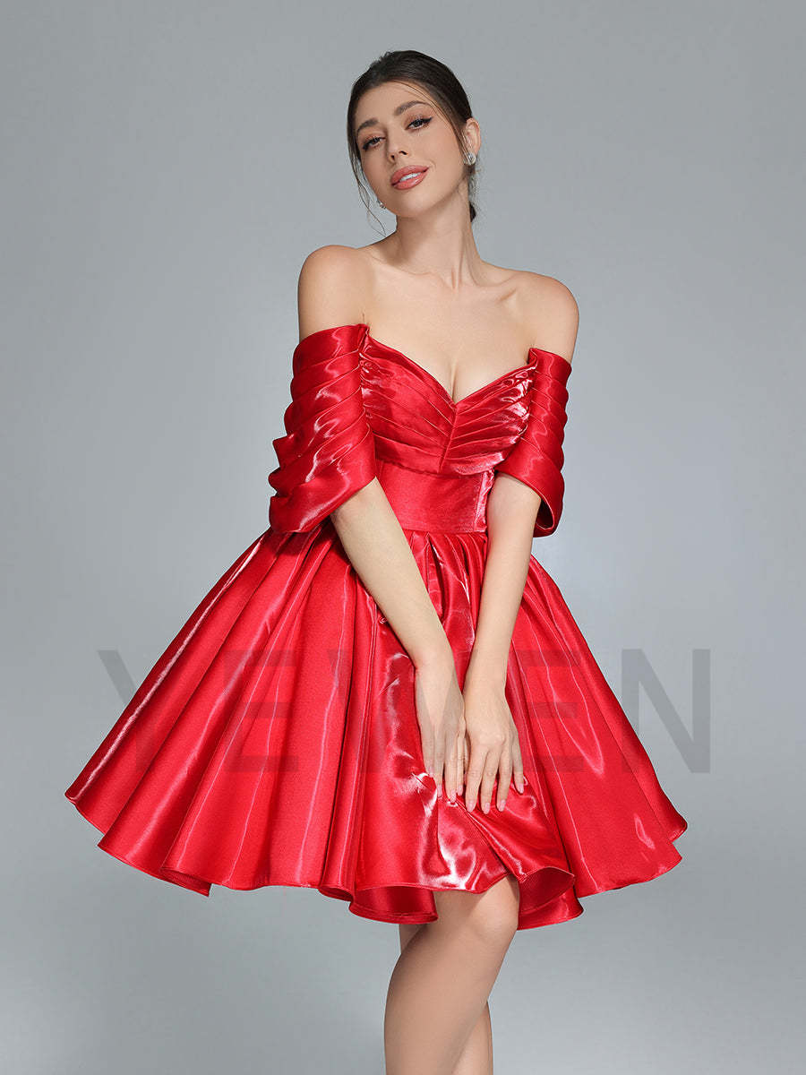 Off Shoulder Short Homecoming Dresses Red Christmas Holiday Party Dress Mini YW243104