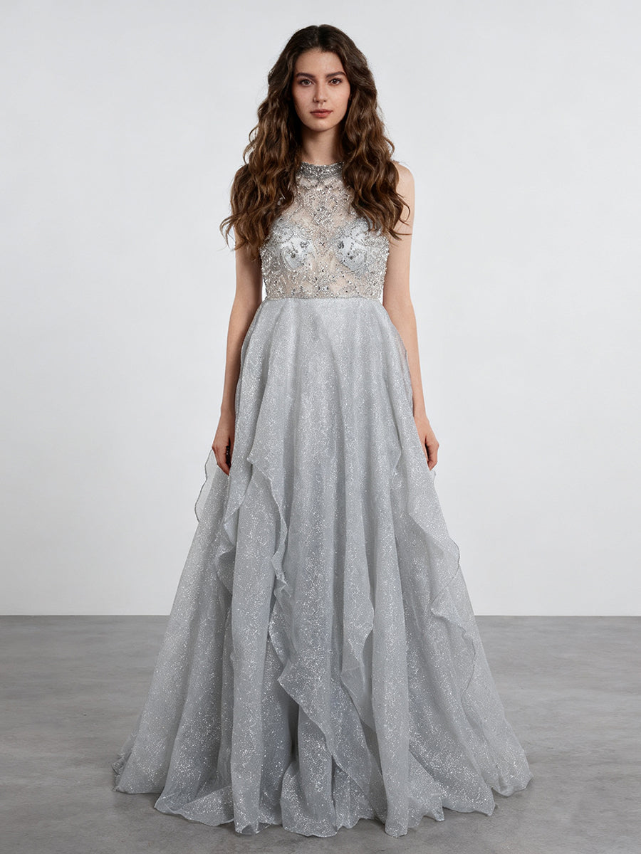 A-Line Beaded Prom Dress Floor-Length Sparkle Fabric Evening Wear Photo Shoot Dress B001