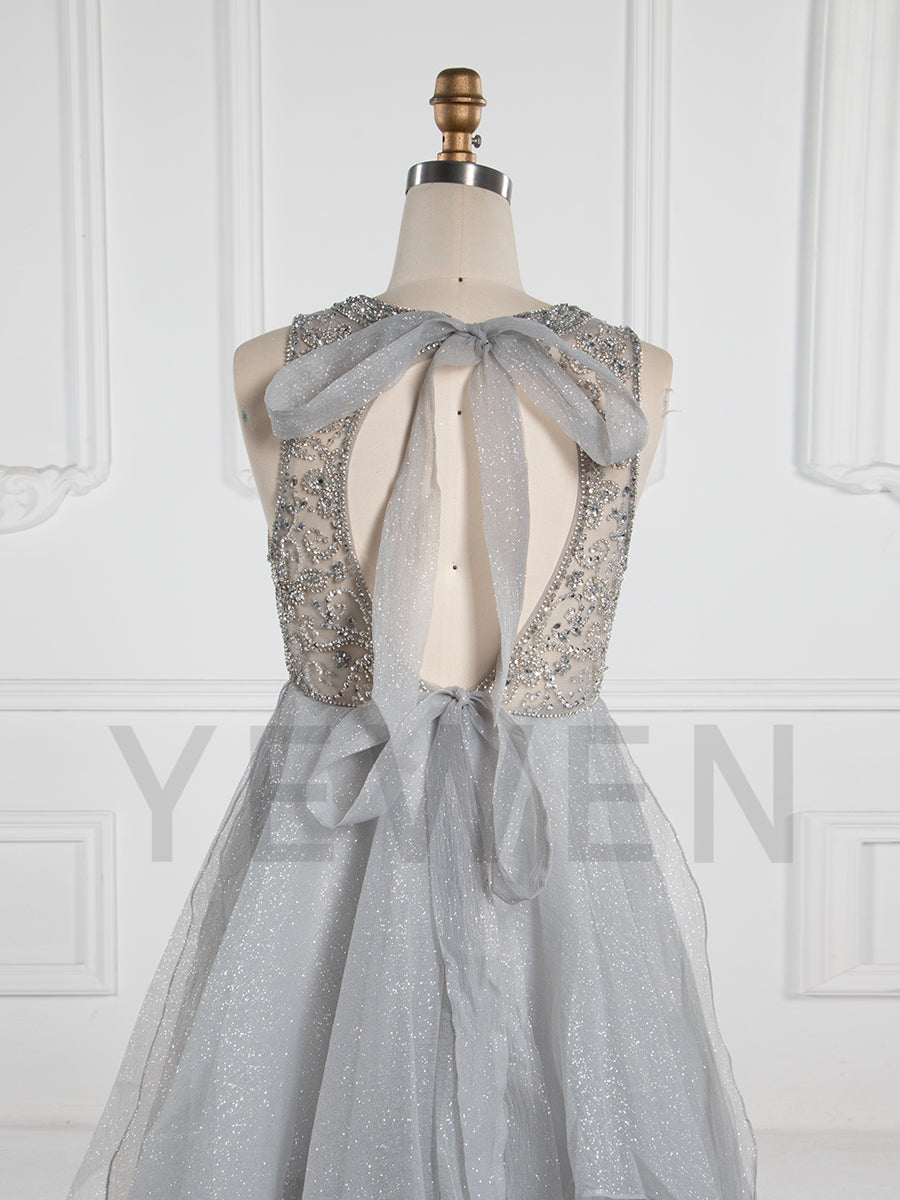 A-Line Beaded Prom Dress Floor-Length Sparkle Fabric Evening Wear Photo Shoot Dress B001