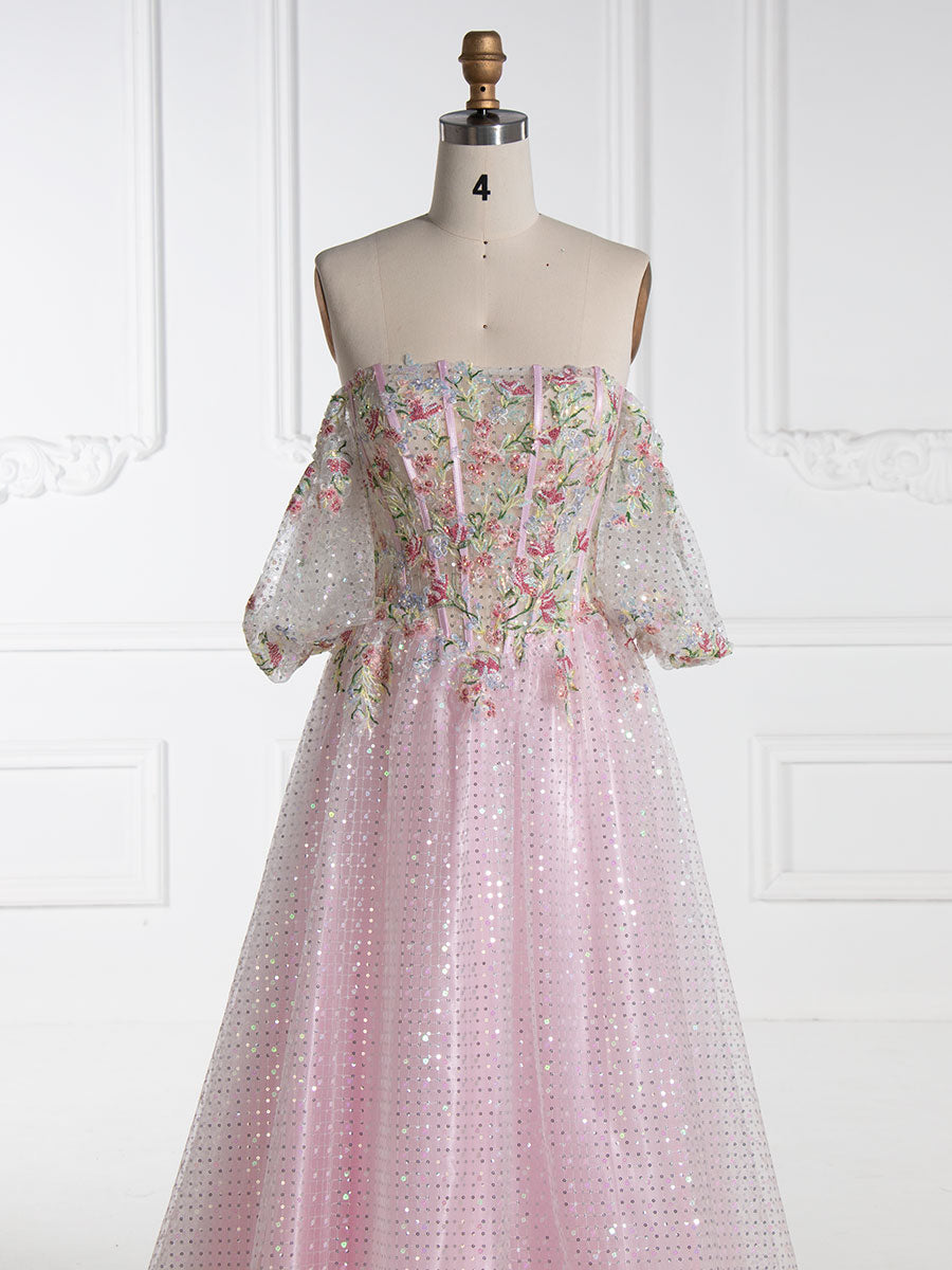 A-line Strapless Floor-Length Pink Sequin Prom Dresses With Embroidery Lace YE3002