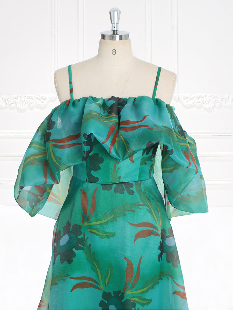 Green Floral-print Off-shoulder Maxi Dress Spaghetti Straps Prom Party Dresses YW231124
