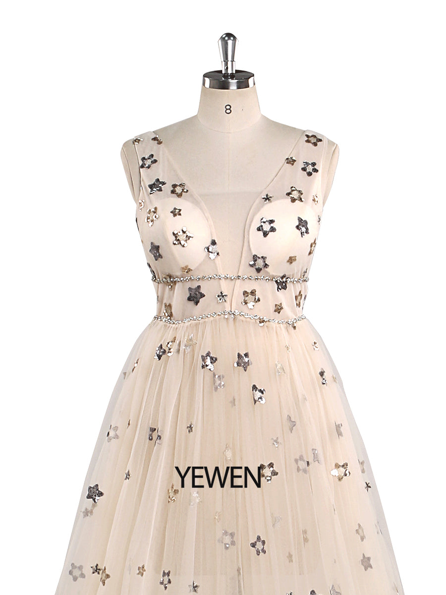 Tulle Prom Dress Champagne Star V-Neck Photography Gown