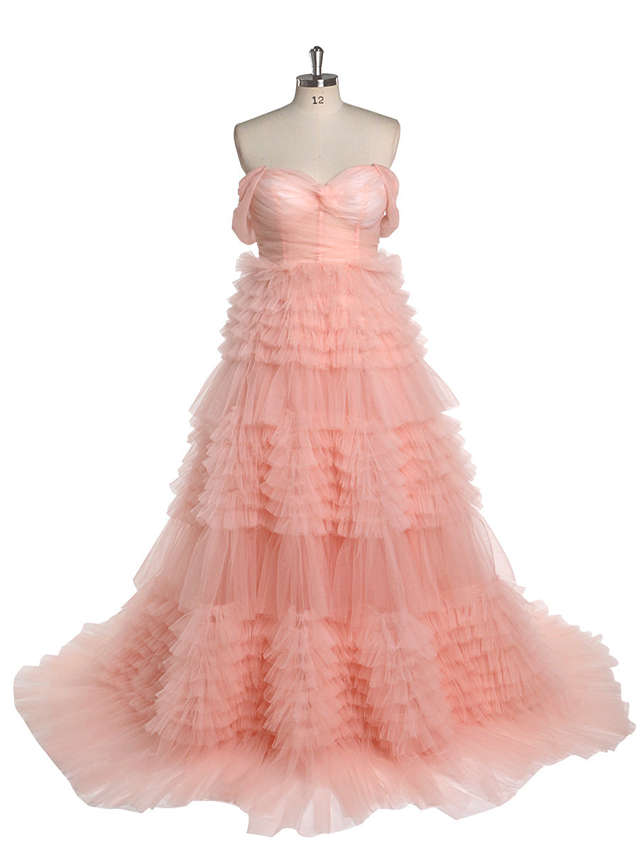 Tiered Tulle Prom Dress Long Elegant Off Shoulder Sweatheart Woman Photography Dresses YEWEN
