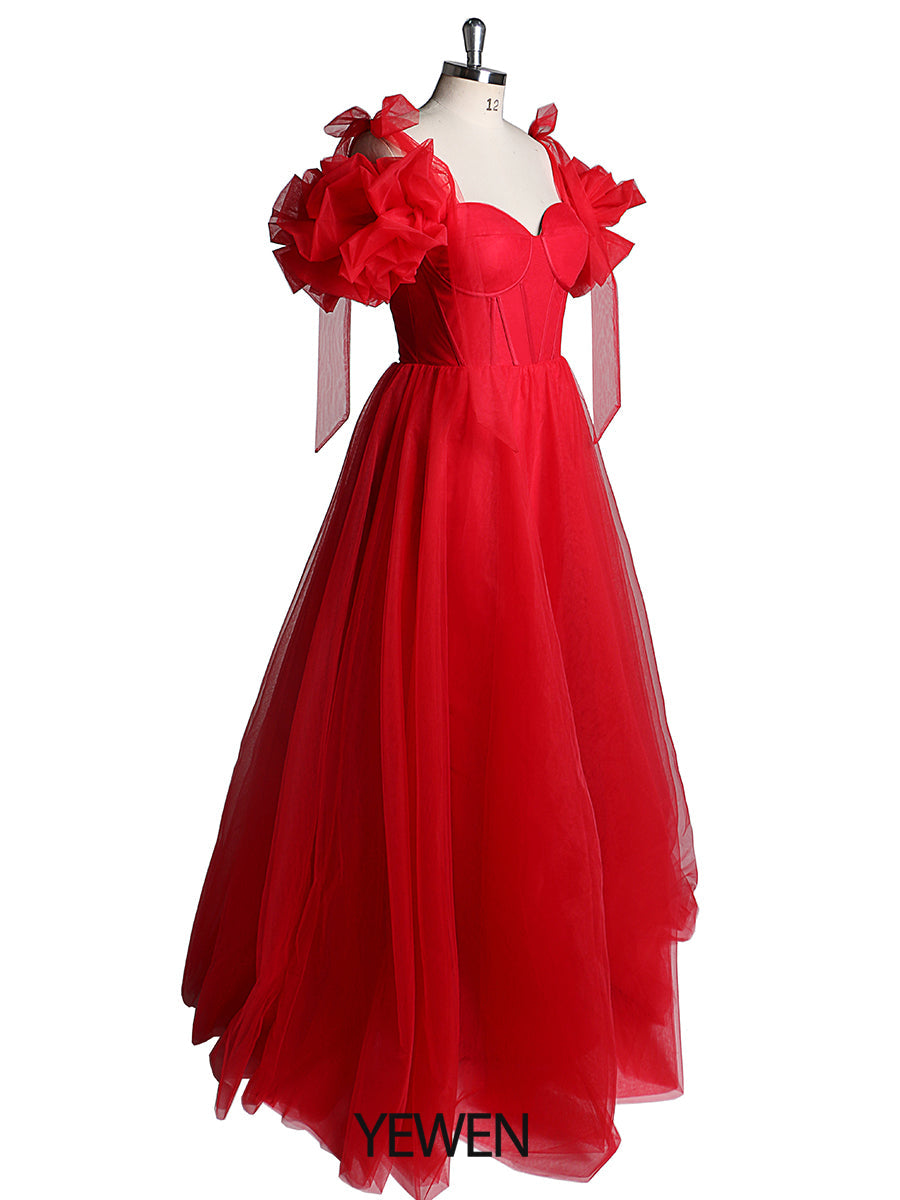 Ruffle Cap Sleeve Sweatheart Neckline Side Slit Prom Dresses Christmas Party Dress