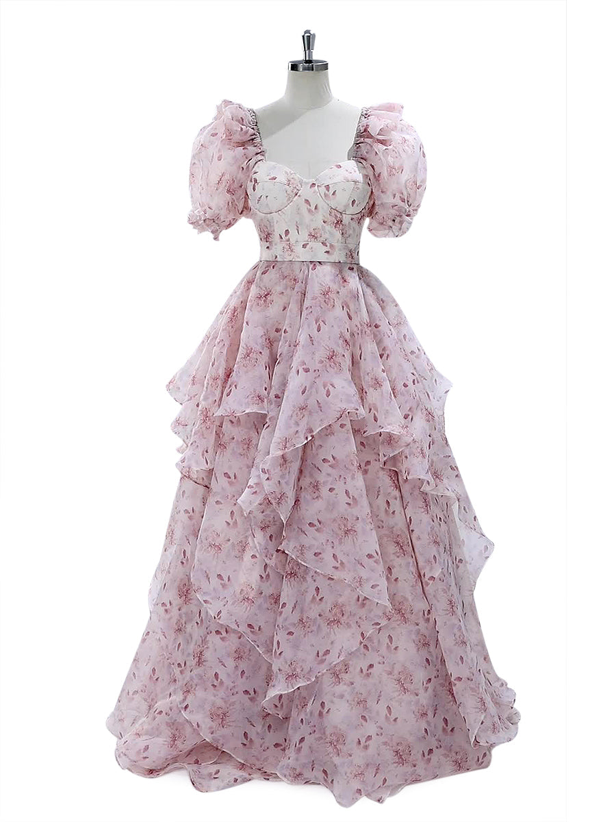 A Line Floor Length Pink Printing Floral Prom Dress YW240008