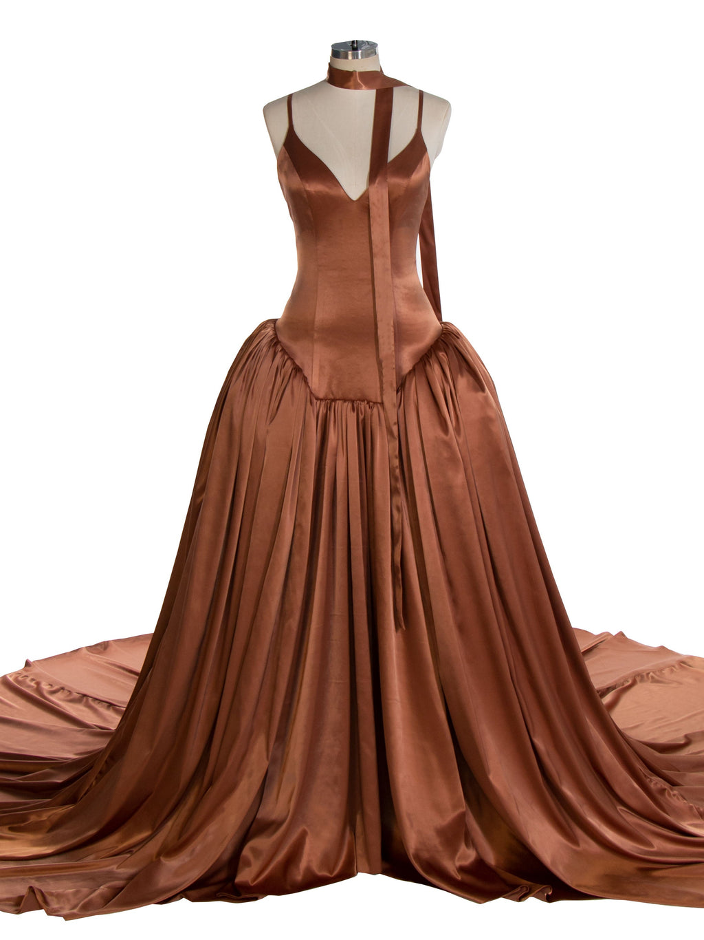 Brown Silk Satin Long Dress with Shirred Skirt Detail Party Dress YW240026